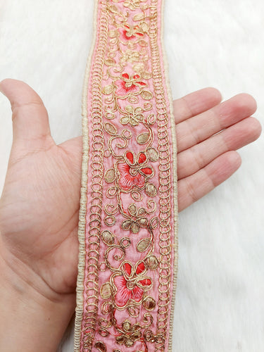 Pink Art Silk Trim In Gold, Red and Pink Floral Embroidery, Embroidered Flowers Border